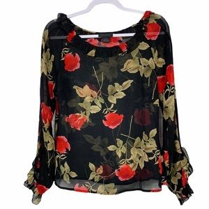 The Limited Silk BoatNeck Ruffle Sleeve Floral Top